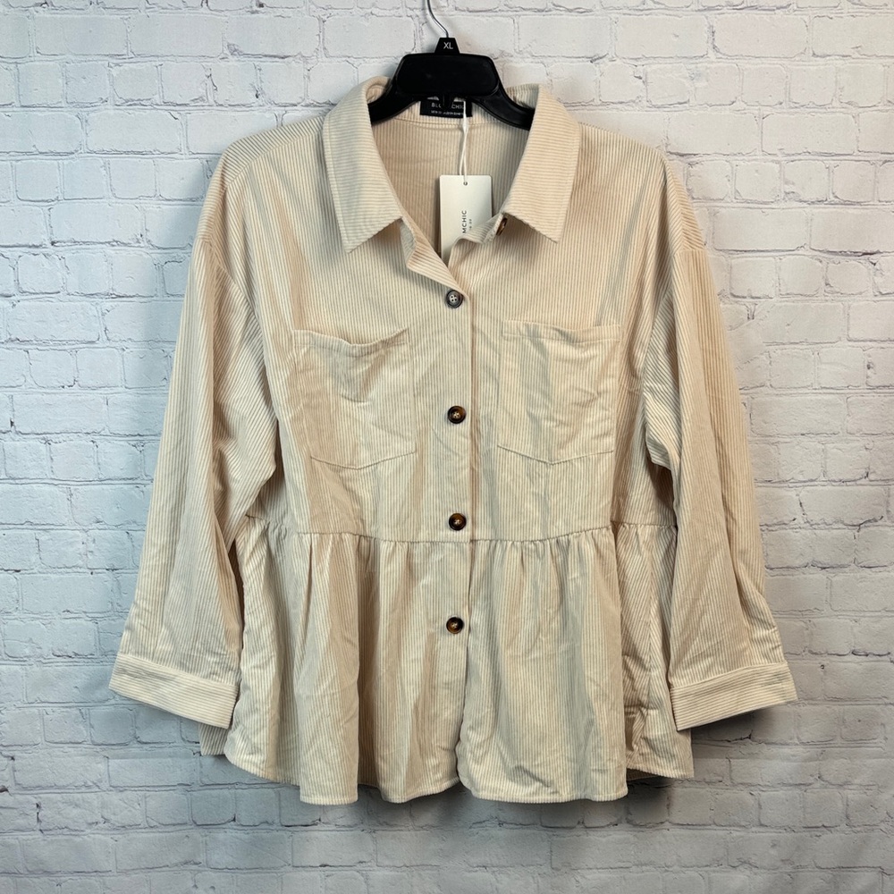 BloomChic Cream Button-Up Corduroy Peplum Top Plus Size 2X - Picture 2 of 7